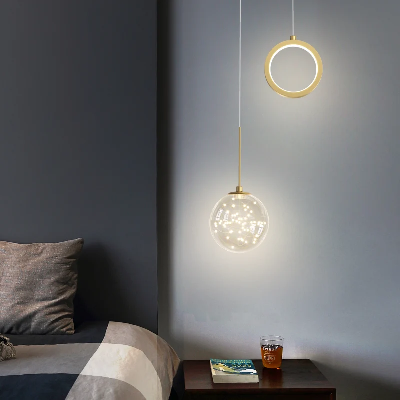 Glazen bol en ring LED-hanger Minimalistisch 2-lichts gouden sterrenhemel hanglamp voor slaapkamer Clearhalo
