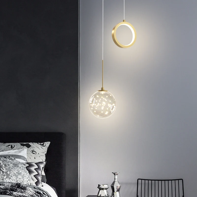 Glazen bol en ring LED-hanger Minimalistisch 2-lichts gouden sterrenhemel hanglamp voor slaapkamer Clearhalo