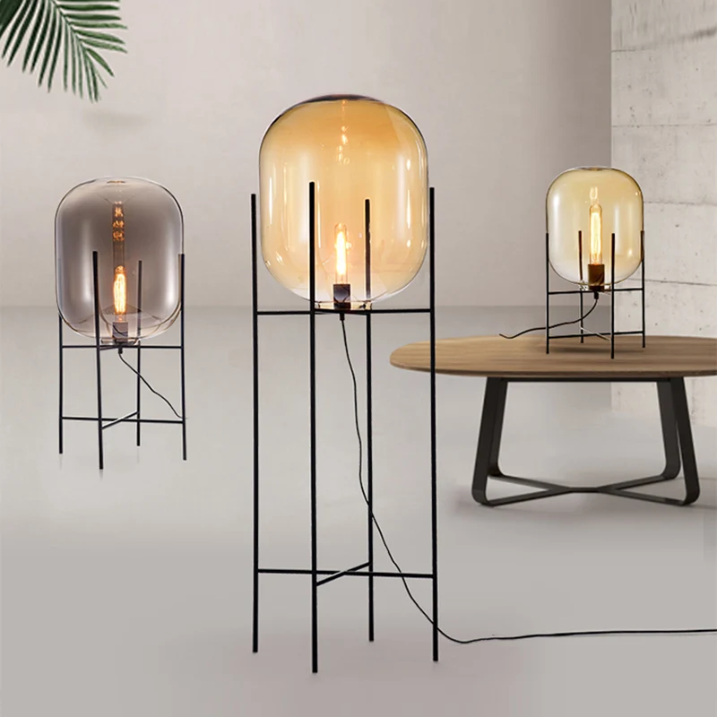 Glazen Capsule Vloerlamp Designer 1 Lamp Zwarte Staande Lamp met Metalen H-beugel Clearhalo