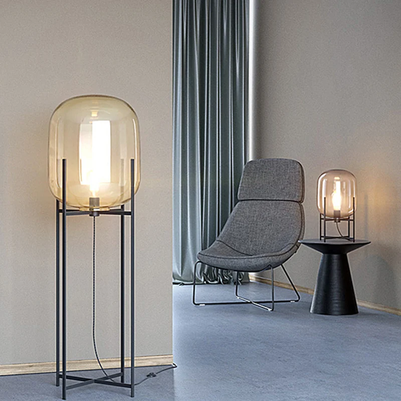 Glazen Capsule Vloerlamp Designer 1 Lamp Zwarte Staande Lamp met Metalen H-beugel Clearhalo