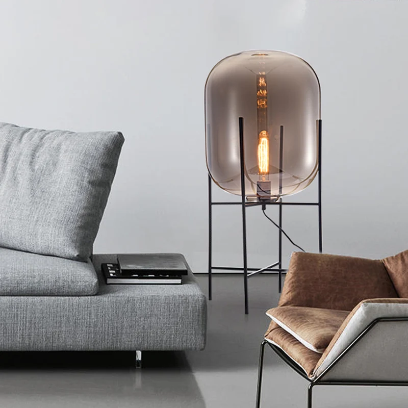 Glazen Capsule Vloerlamp Designer 1 Lamp Zwarte Staande Lamp met Metalen H-beugel Clearhalo