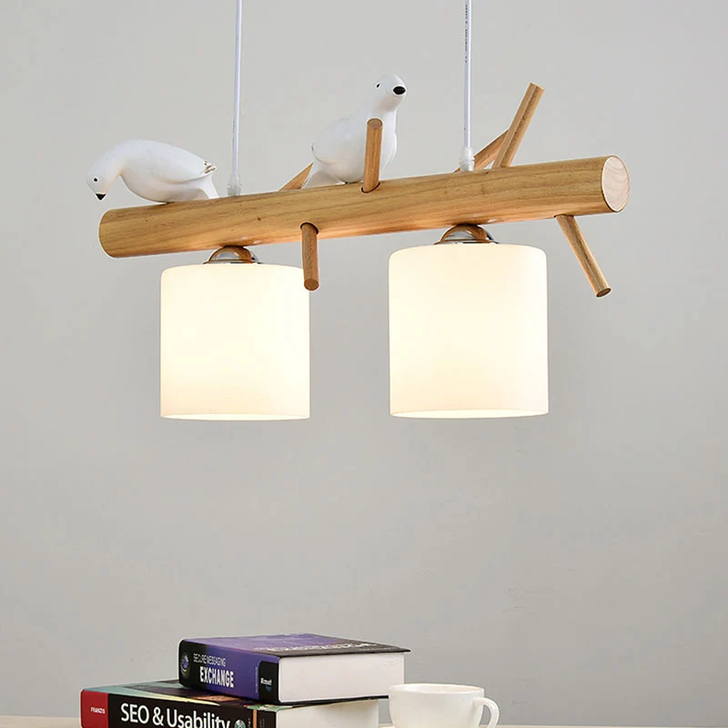 Glazen cilinder schaduw eiland licht eetkamer 2/3 lichts houten hangende kroonluchter met vogeldecor Clearhalo
