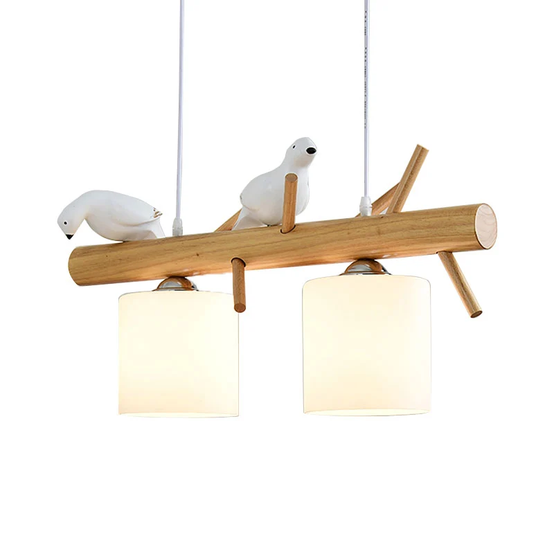 Glazen cilinder schaduw eiland licht eetkamer 2/3 lichts houten hangende kroonluchter met vogeldecor Clearhalo