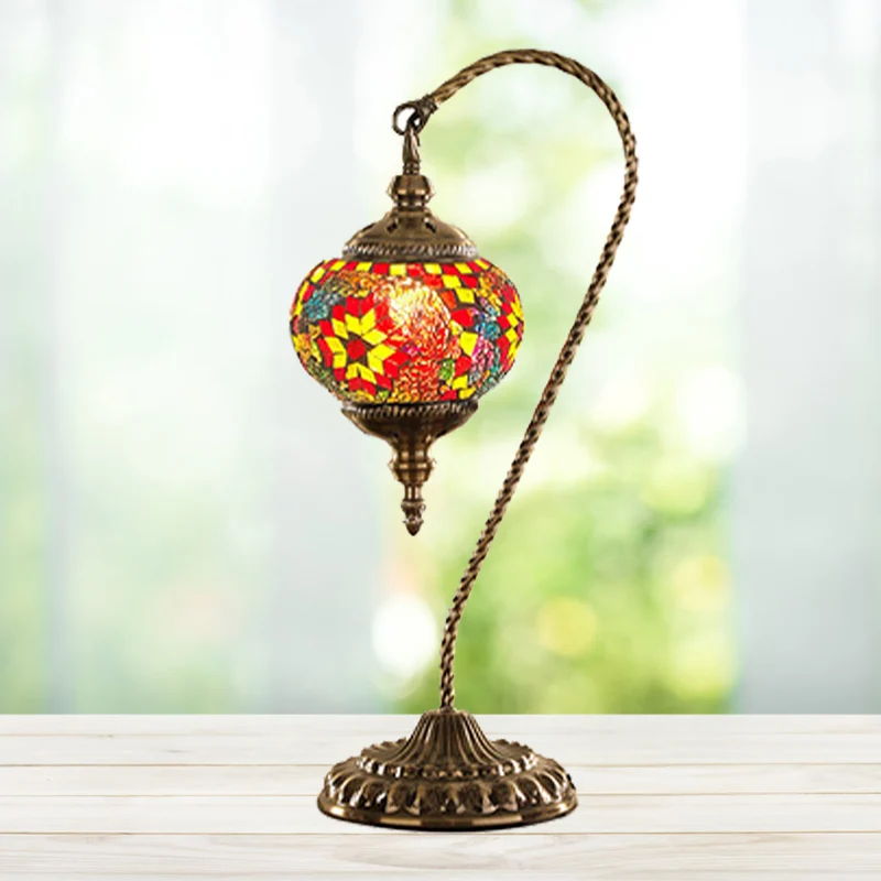 Global Bureaulamp Traditioneel Rood/Wit/Geel Glas 1 Lamp Coffee Shop Nachttafellamp met metalen voet Clearhalo