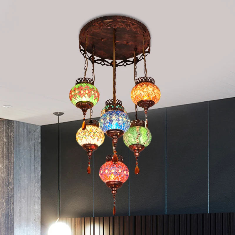 Global geslepen glazen hanglamp Boheemse keukenkroonluchter met 7 koppen koper Clearhalo