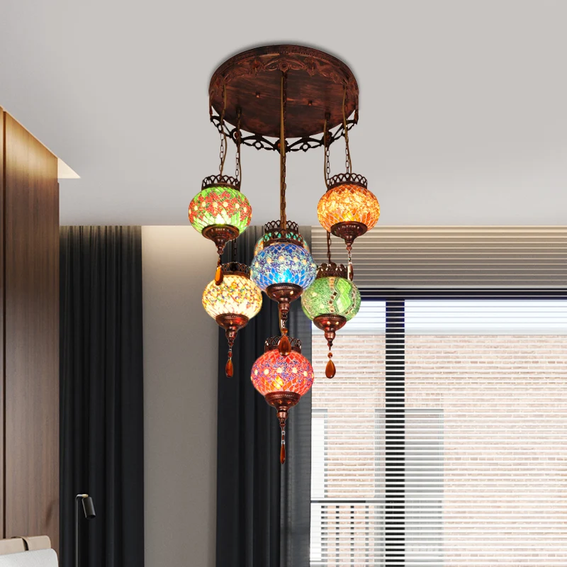 Global geslepen glazen hanglamp Boheemse keukenkroonluchter met 7 koppen koper Clearhalo
