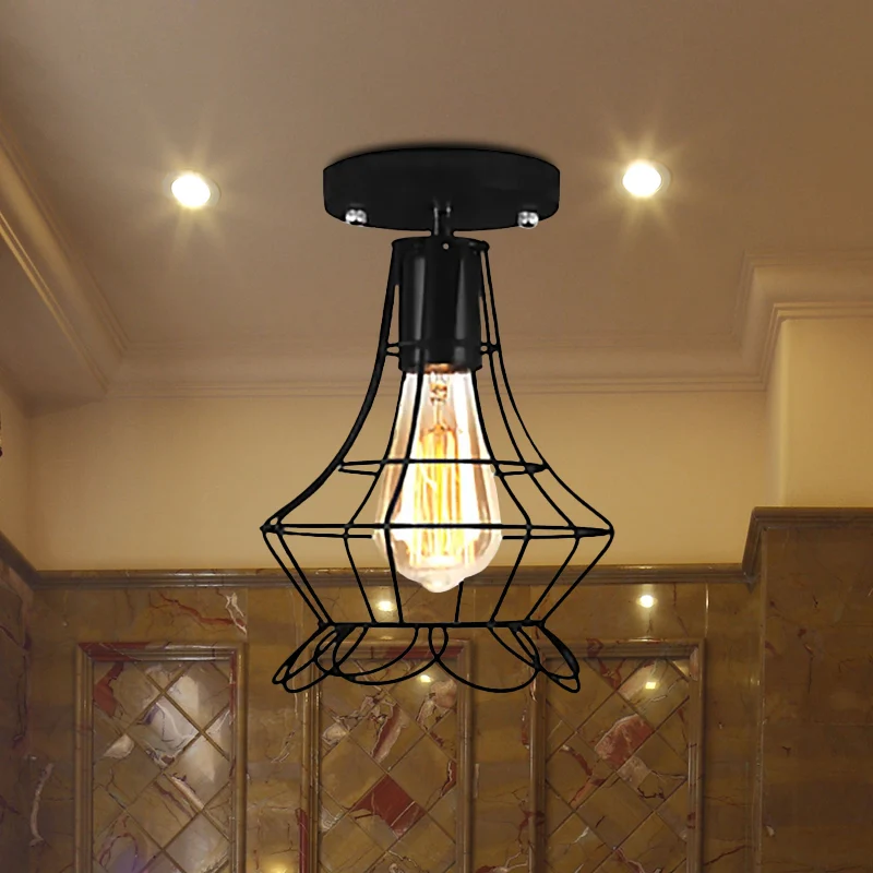 Global/Barrel Iron semi-inbouw met draadbeschermer, boerderijstijl 1-lichts koffieshop-plafondlamp zwart Clearhalo