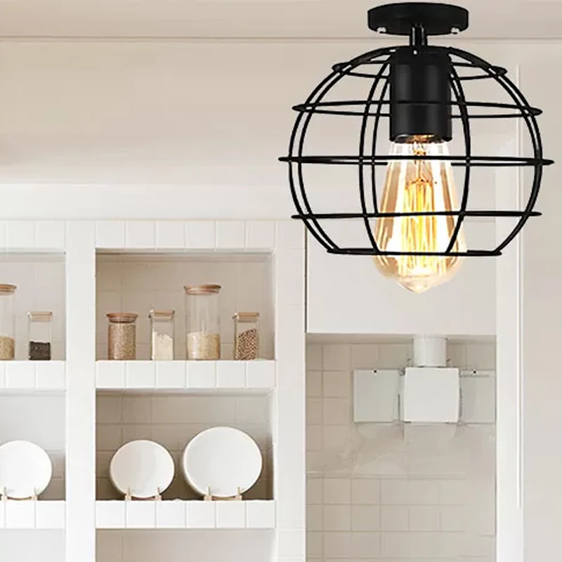 Global/Barrel Iron semi-inbouw met draadbeschermer, boerderijstijl 1-lichts koffieshop-plafondlamp zwart Clearhalo