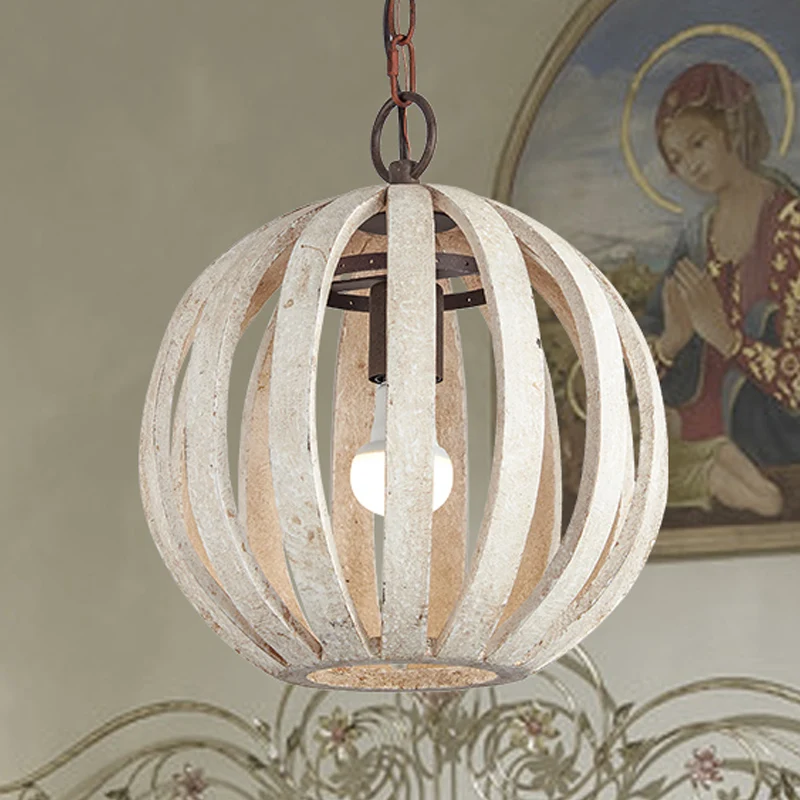 Globe Cage houten hangende plafondlamp Rustieke 1-lichts woonkamer hanglamp wit Clearhalo