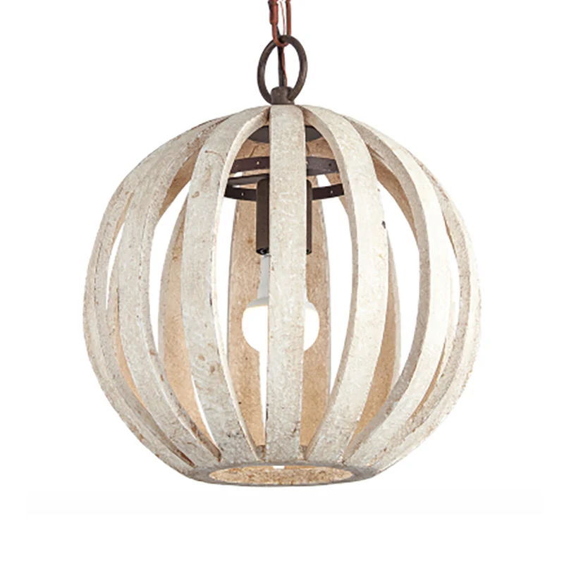 Globe Cage houten hangende plafondlamp Rustieke 1-lichts woonkamer hanglamp wit Clearhalo