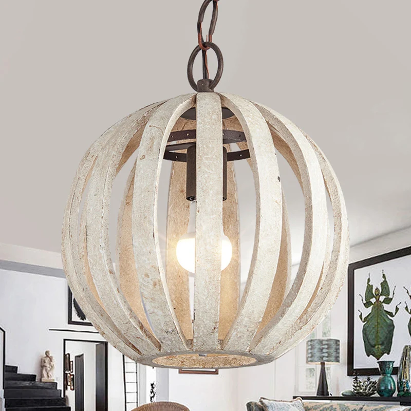 Globe Cage houten hangende plafondlamp Rustieke 1-lichts woonkamer hanglamp wit Clearhalo