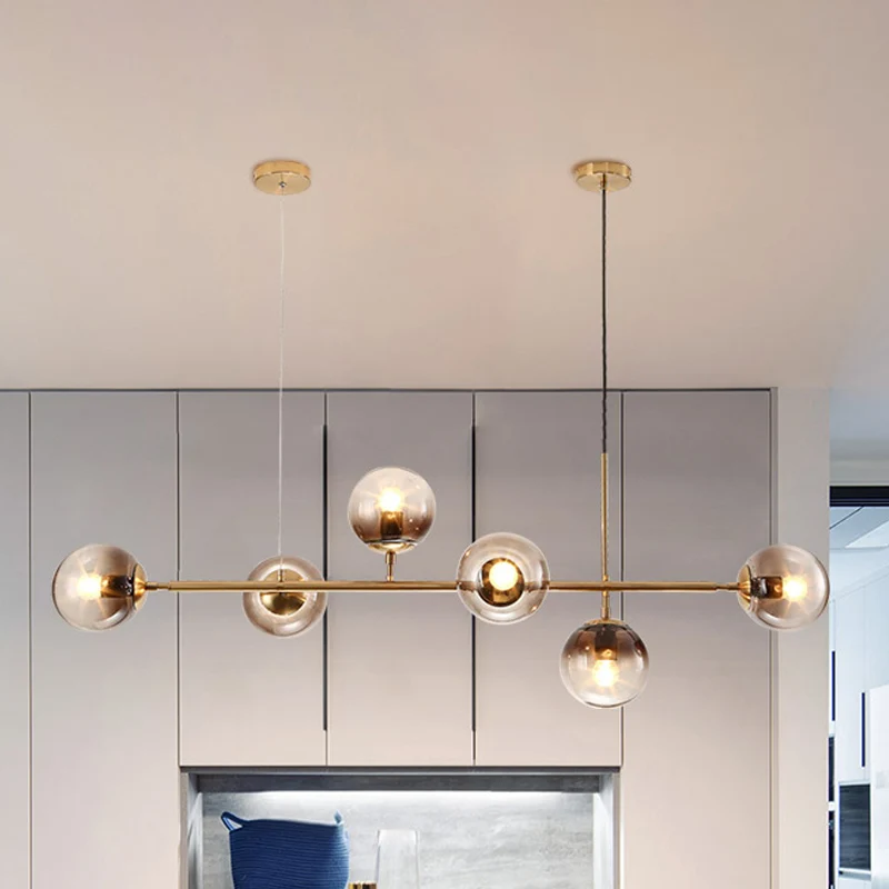Globe Hanglamp Hedendaags Rookgrijs Glas 6 Kops Goud Eilandlicht Clearhalo