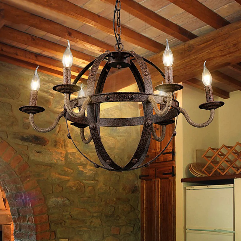 Globe metalen kroonluchterlamp landelijke stijl 6 lampen eetkamer hanglamp roest Clearhalo