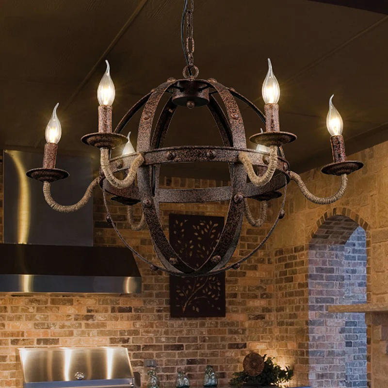 Globe metalen kroonluchterlamp landelijke stijl 6 lampen eetkamer hanglamp roest Clearhalo