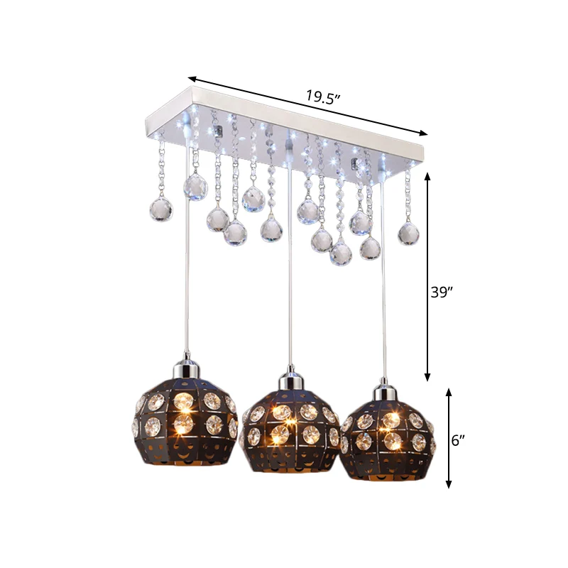 Globe Metallic Cluster Licht Hanglamp Modernistische 3 Hoofden Zwarte Slingerlamp met Kristallen Deco Clearhalo
