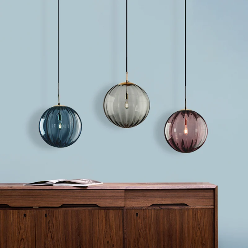 Globe Nachtkast Pendel Lichtblauw/Rookgrijs/Paars Glas 1 Lamp Postmoderne Plafondhanglamp Zwart Clearhalo