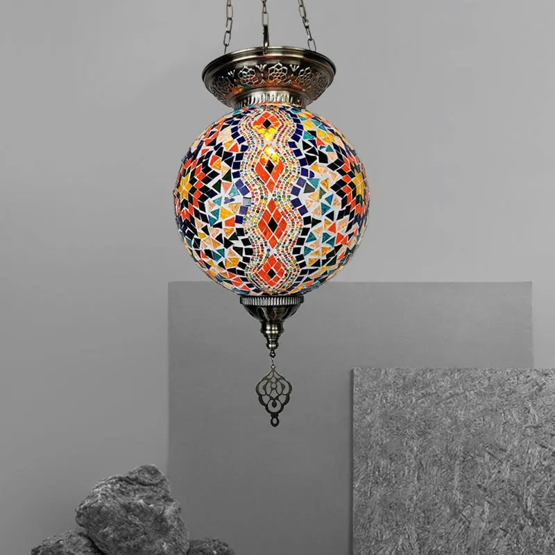 Globe Restaurant Hanglampset Traditioneel handgerold kunstglas 1 kop Wit/Rood/Geel Hanglicht Clearhalo