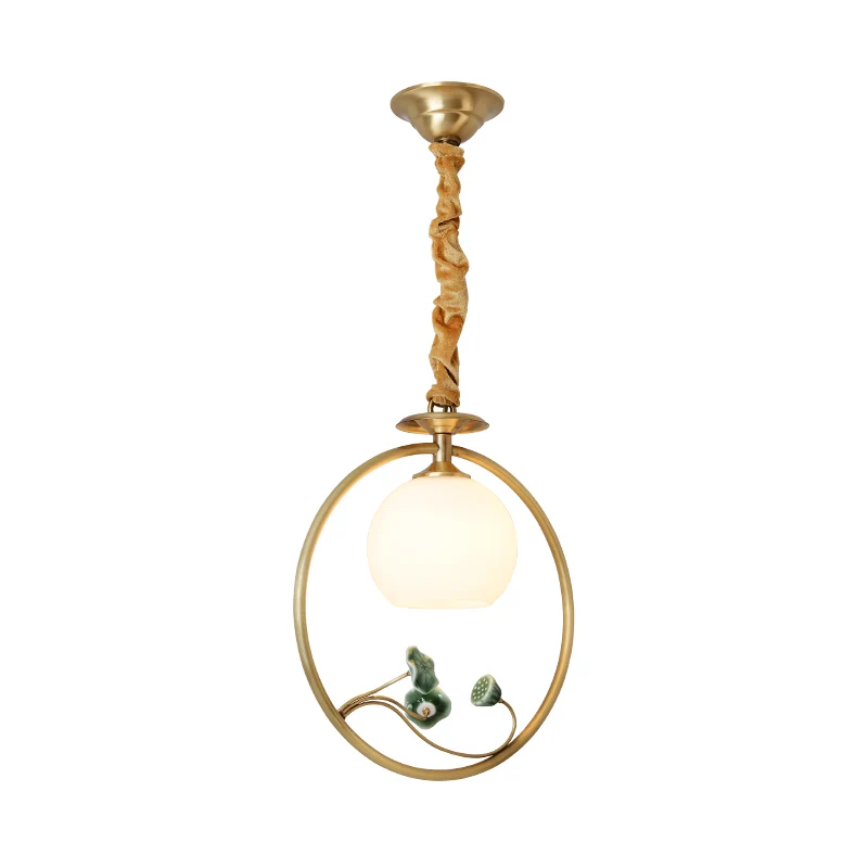 Globe-slingerlamp met enkele kop, traditionele hanglamp van goudwit glas met ring en lotusdecor Clearhalo