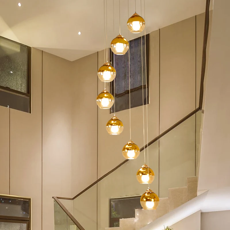 Gold Ball Cluster hanglamp modern helder glas 8-koppige trap LED plafondophangarmatuur Clearhalo