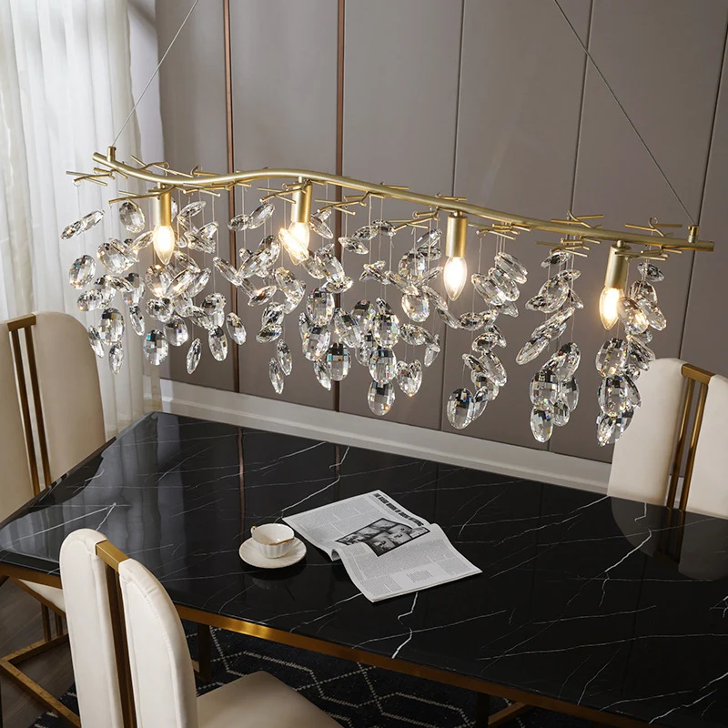 Gold Branching Island hanglamp Modernisme 4-lamps metalen slingerlamp met kristallen druppels Clearhalo