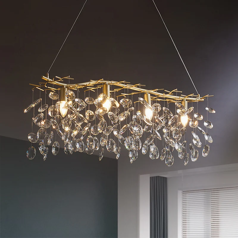 Gold Branching Island hanglamp Modernisme 4-lamps metalen slingerlamp met kristallen druppels Clearhalo