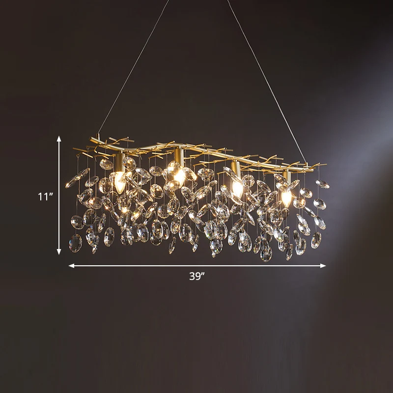Gold Branching Island hanglamp Modernisme 4-lamps metalen slingerlamp met kristallen druppels Clearhalo