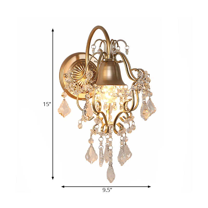 Golden Bell Shade Wandverlichting Vintage Stijl 1 Lichtmetalen schanslamp met heldere kristallen drapering Clearhalo