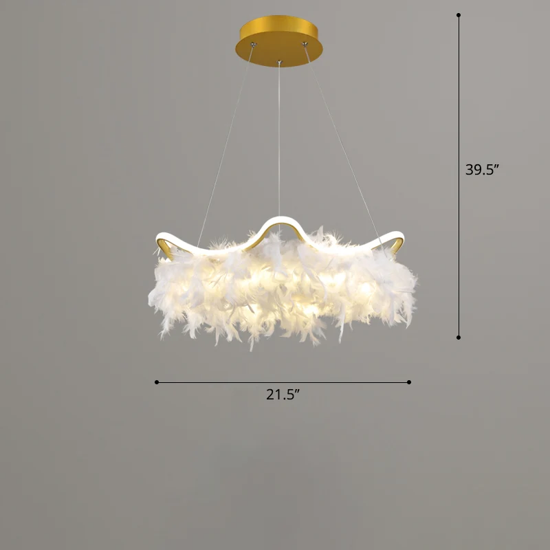 Golvende metalen ophangverlichting Noordse witgouden LED-kroonluchter met verendecoratie Clearhalo