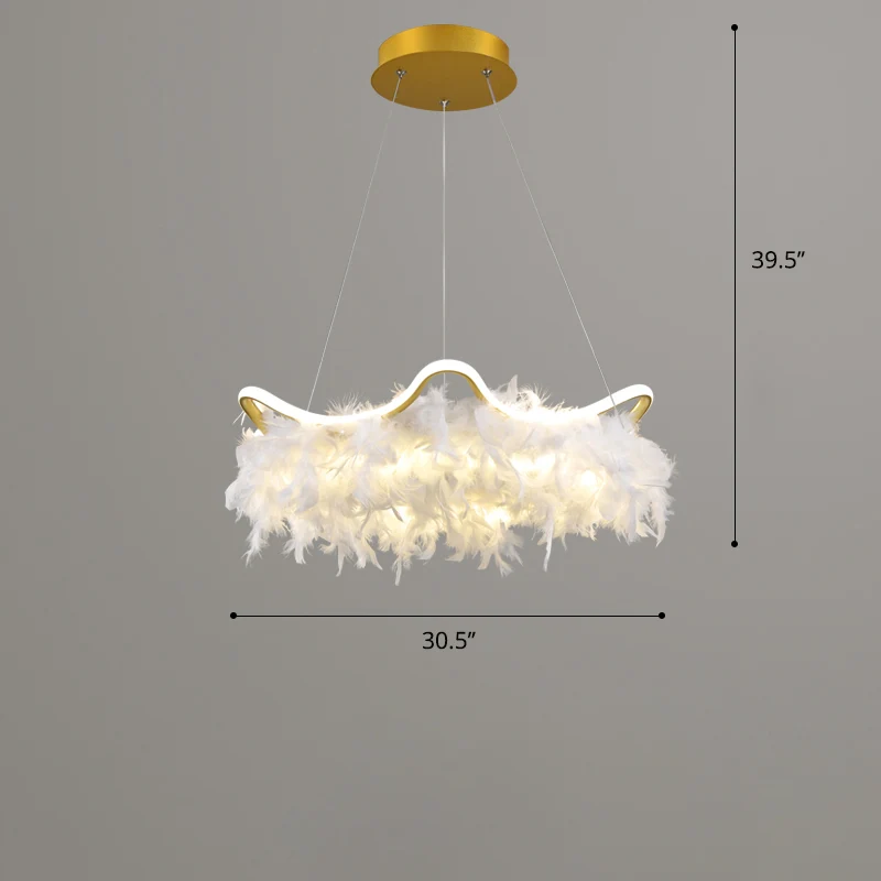 Golvende metalen ophangverlichting Noordse witgouden LED-kroonluchter met verendecoratie Clearhalo