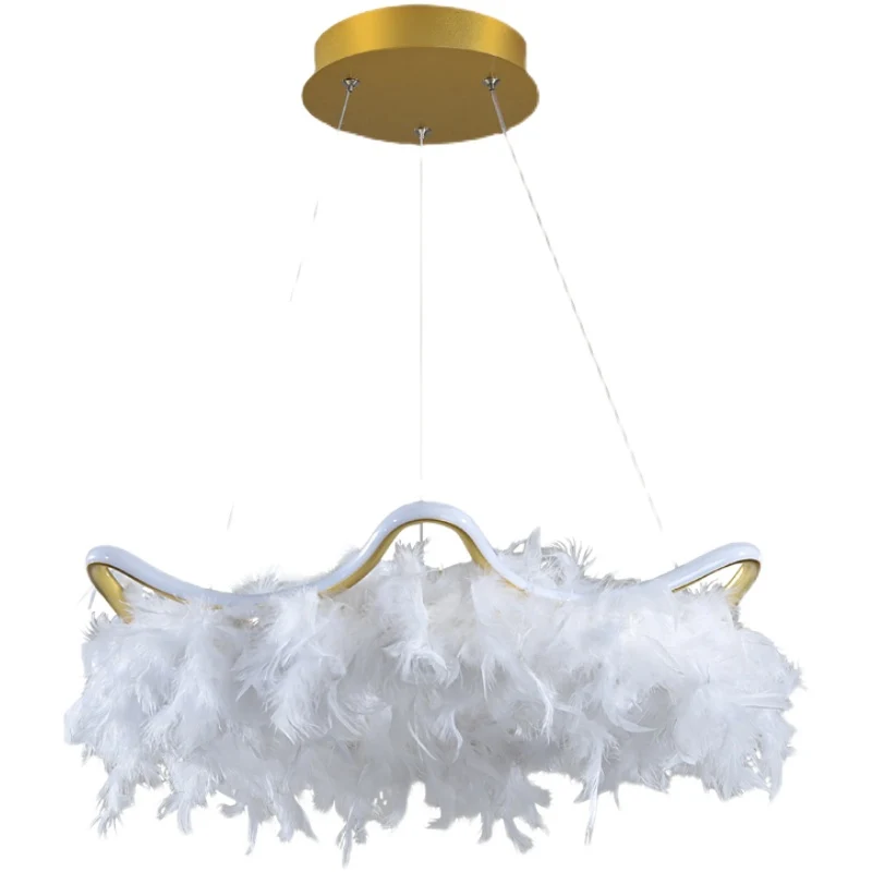 Golvende metalen ophangverlichting Noordse witgouden LED-kroonluchter met verendecoratie Clearhalo