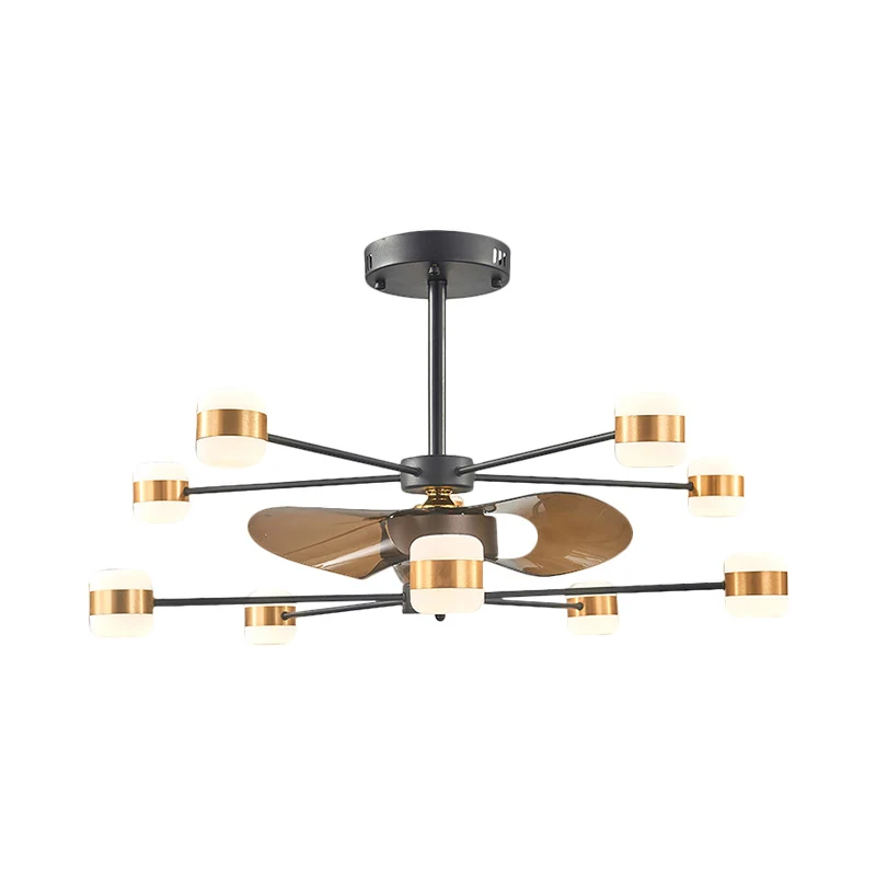 Goud 2-laags radiale semi-inbouwverlichting Modern 10 lampen Metallic hangend ventilatorlicht met 3 bruine bladen, 90 cm b...