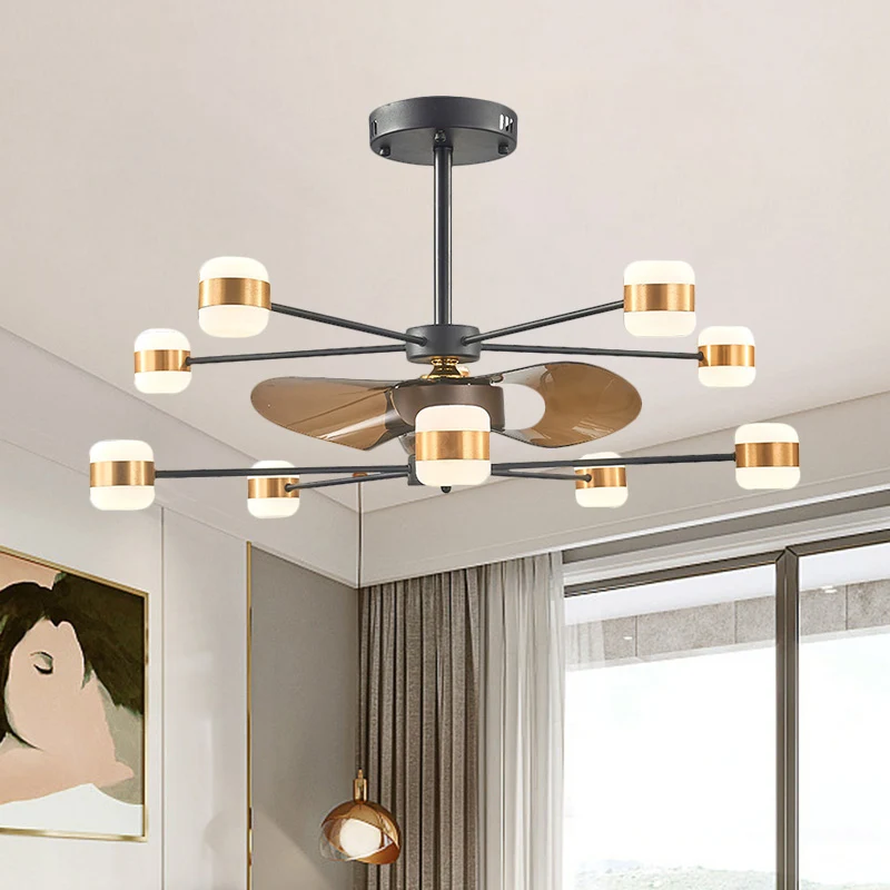 Goud 2-laags radiale semi-inbouwverlichting Modern 10 lampen Metallic hangend ventilatorlicht met 3 bruine bladen, 90 cm b...