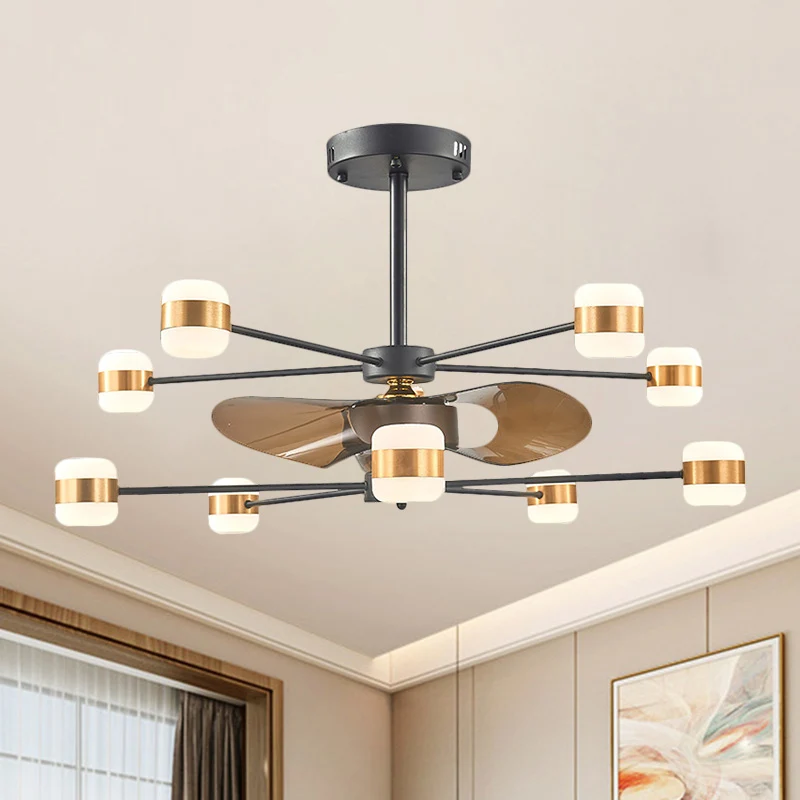 Goud 2-laags radiale semi-inbouwverlichting Modern 10 lampen Metallic hangend ventilatorlicht met 3 bruine bladen, 90 cm b...