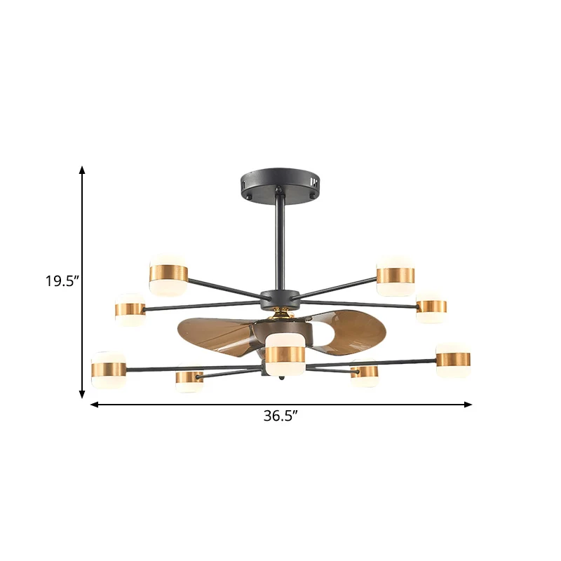 Goud 2-laags radiale semi-inbouwverlichting Modern 10 lampen Metallic hangend ventilatorlicht met 3 bruine bladen, 90 cm b...
