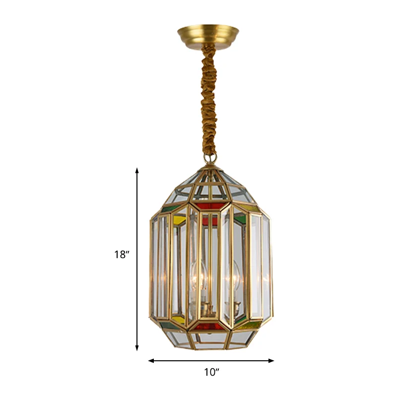 Goud 3-kops kroonluchter verlichting kolonialisme metalen lantaarn hangende plafondlamp met helder glazen kap Clearhalo