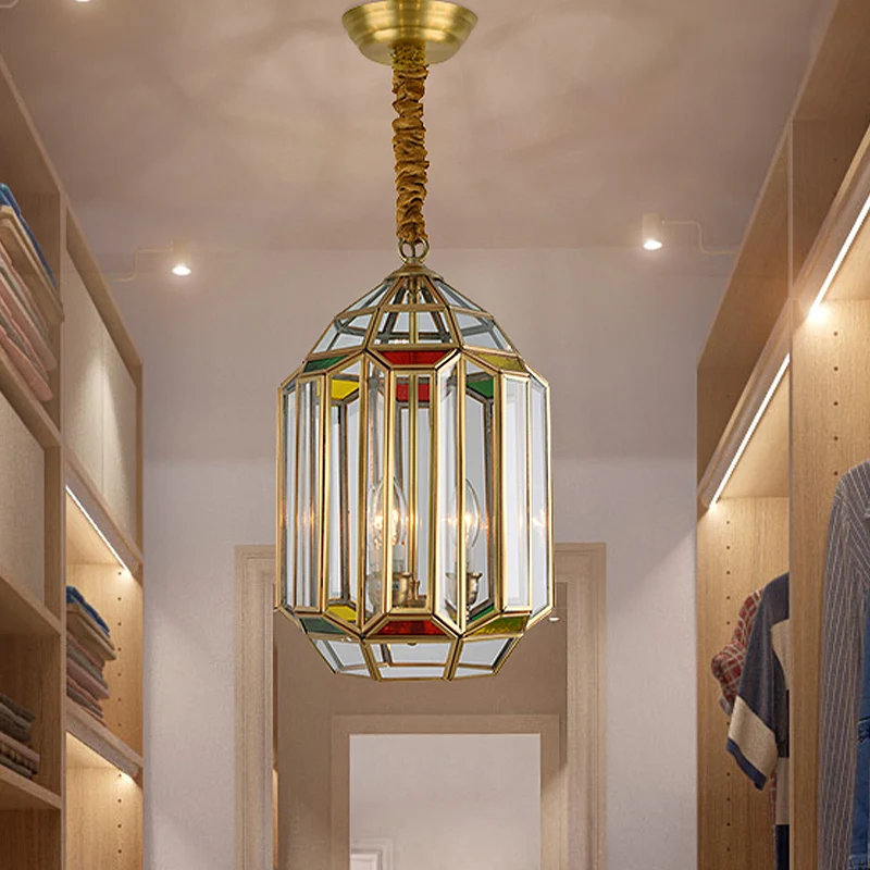 Goud 3-kops kroonluchter verlichting kolonialisme metalen lantaarn hangende plafondlamp met helder glazen kap Clearhalo