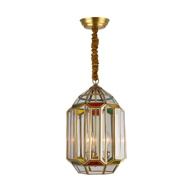 Goud 3-kops kroonluchter verlichting kolonialisme metalen lantaarn hangende plafondlamp met helder glazen kap Clearhalo