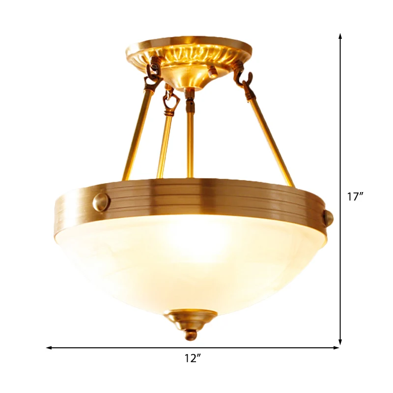 Goud 3-lichts plafondmontage traditioneel matglas komvormig semi-inbouwlicht voor eetkamer, 12"/16"/19,5" breed Clearhalo
