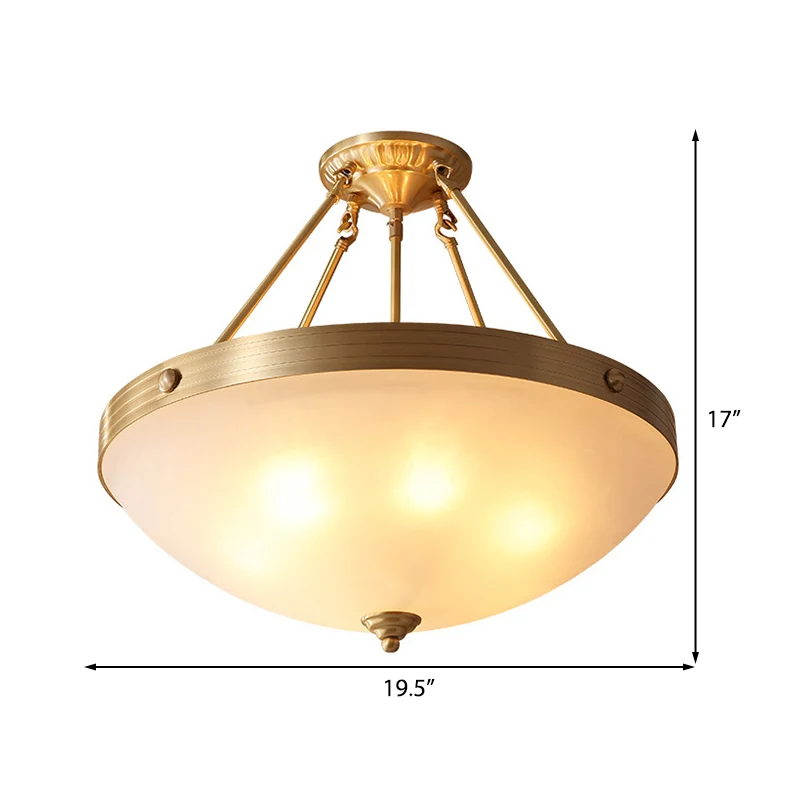 Goud 3-lichts plafondmontage traditioneel matglas komvormig semi-inbouwlicht voor eetkamer, 12"/16"/19,5" breed Clearhalo