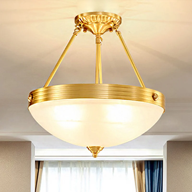 Goud 3-lichts plafondmontage traditioneel matglas komvormig semi-inbouwlicht voor eetkamer, 12"/16"/19,5" breed Clearhalo