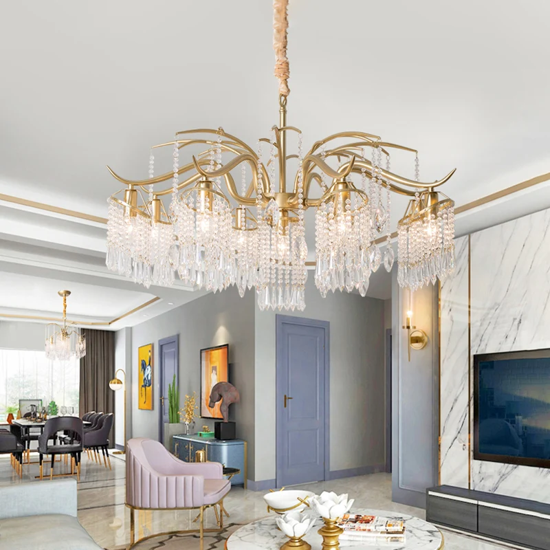 Goud 4/7/9 lichten kroonluchter verlichtingsarmatuur eenvoudige kristallen ronde hanglamp voor woonkamer Clearhalo