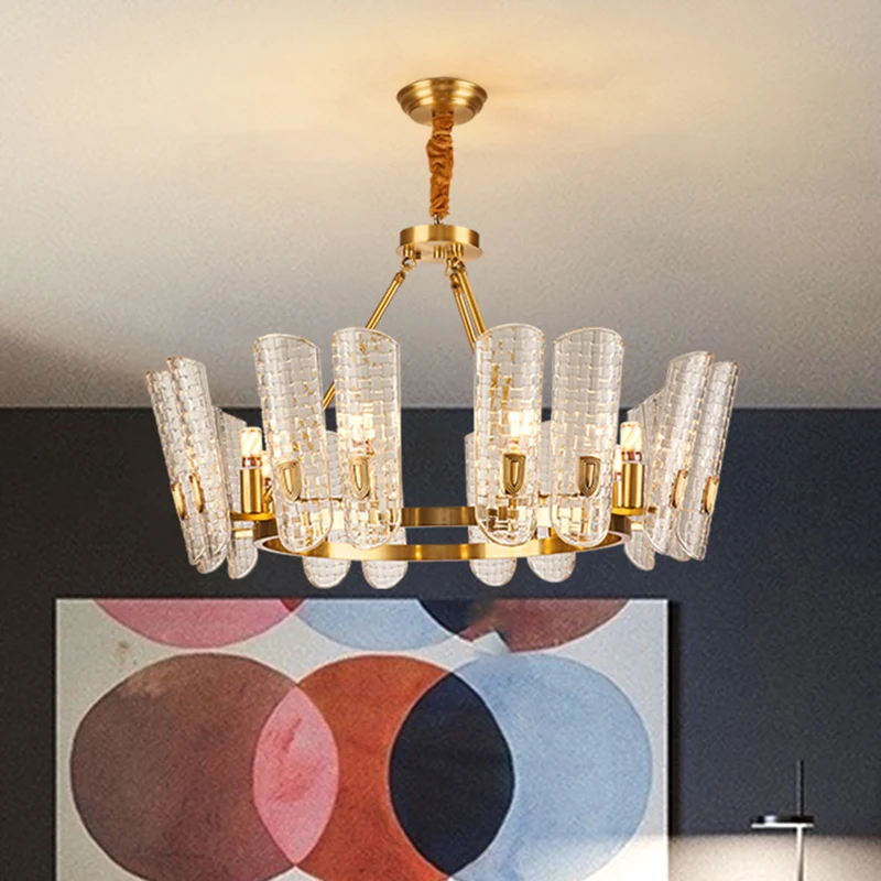 Goud gebogen kroonluchter hanglamp postmodern rasterglas hanglamp voor eetkamer Clearhalo