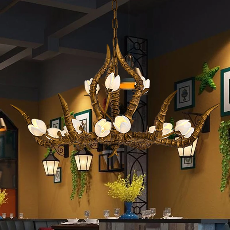 Goud 15 lampen hanger kroonluchter traditie hars tak ophanging hanglamp voor restaurant Clearhalo