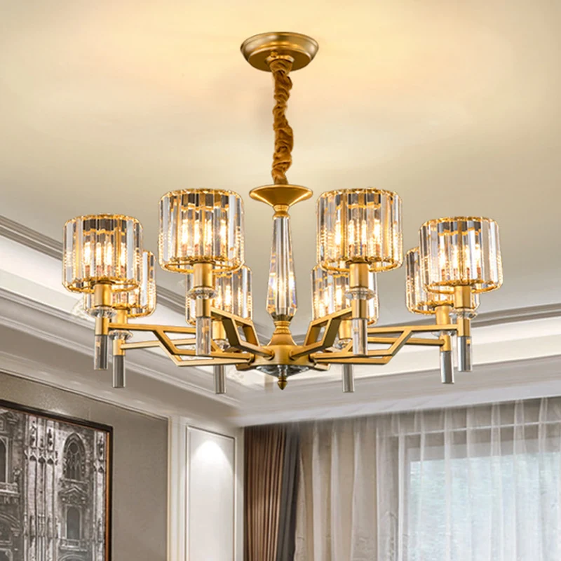Goud stralend hanglicht Artistiek metallic kroonluchterlicht met K9 kristallen kap voor woonkamer Clearhalo