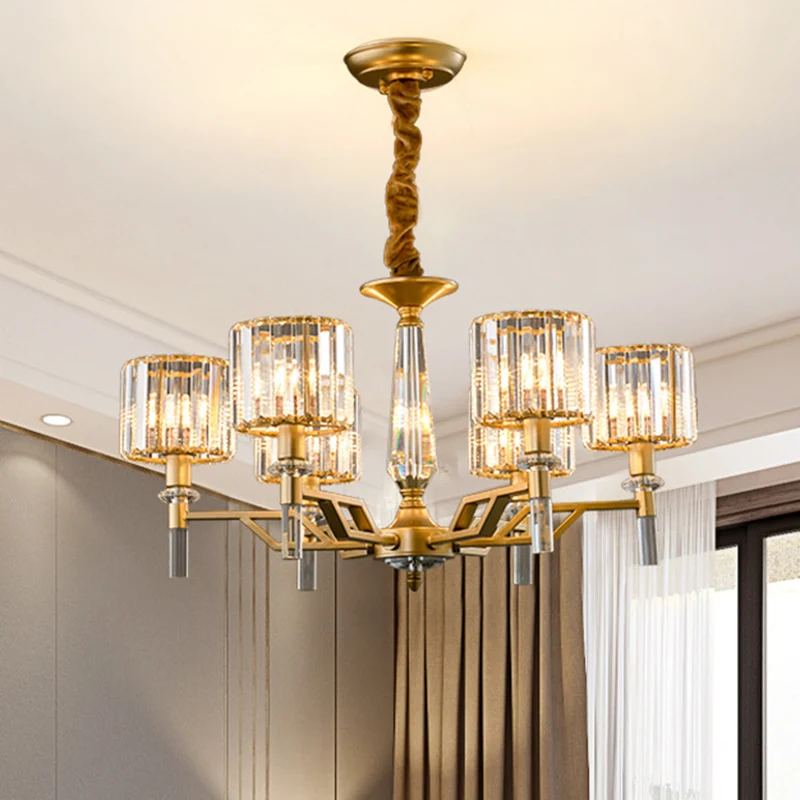 Goud stralend hanglicht Artistiek metallic kroonluchterlicht met K9 kristallen kap voor woonkamer Clearhalo