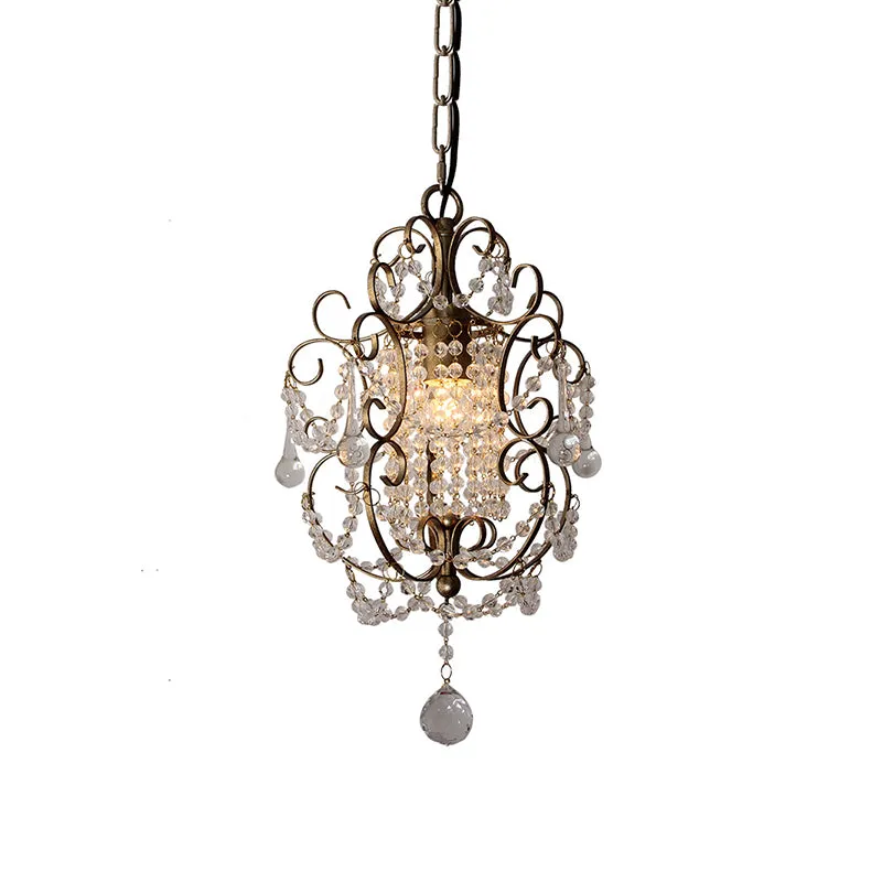 Goud/Brons 1-lichts hanglamp, retro kristal kralen scrollarm, hanglampset voor hal Clearhalo