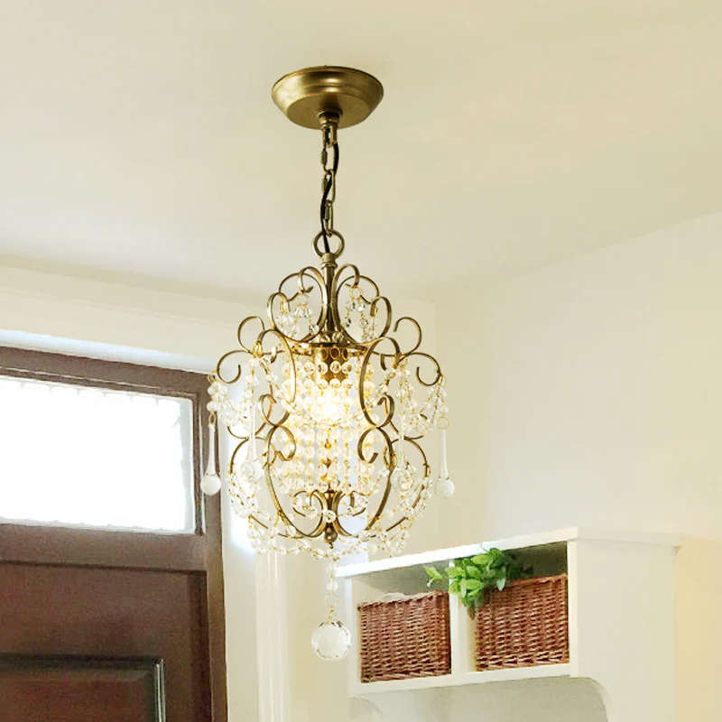 Goud/Brons 1-lichts hanglamp, retro kristal kralen scrollarm, hanglampset voor hal Clearhalo