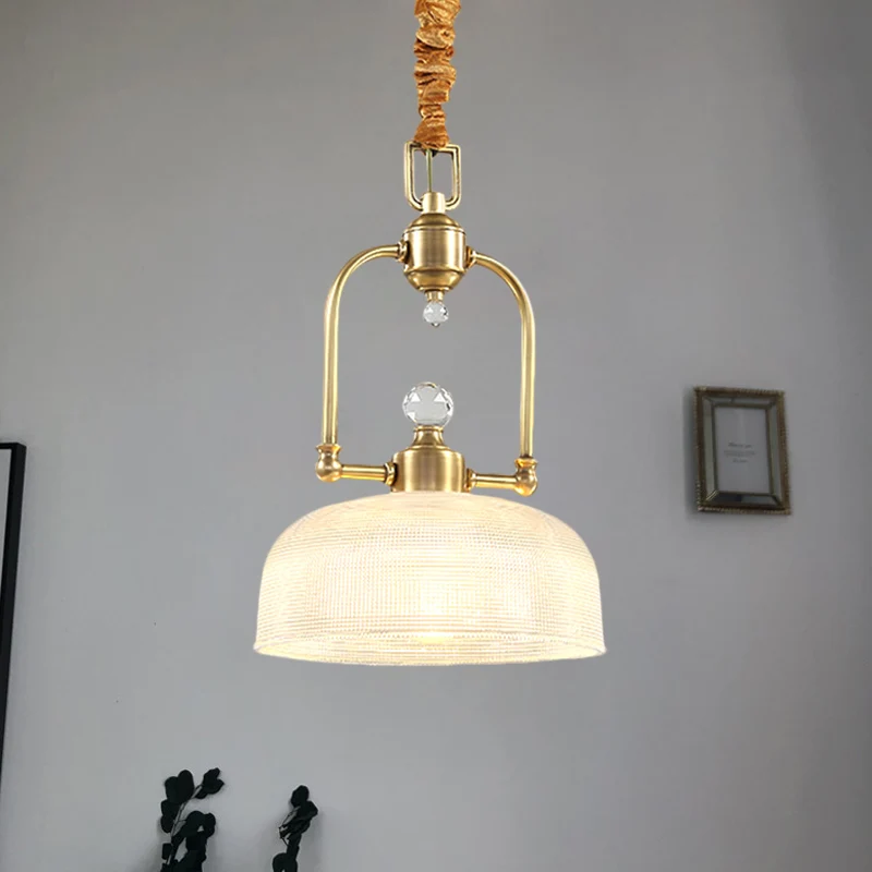 Gouden 1-lichts druppelhanger Traditionele helder prismatische glazen koepelschaduw Metalen ophangverlichting Clearhalo