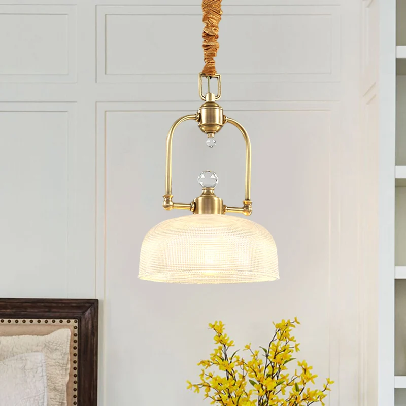 Gouden 1-lichts druppelhanger Traditionele helder prismatische glazen koepelschaduw Metalen ophangverlichting Clearhalo