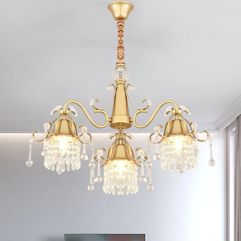 Gouden 3-kops slingerverlichtingspost moderne kristallen druppelcilinder hangende kroonluchter voor slaapkamer Clearhalo